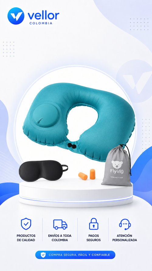 Kit De Almohada De Viaje Inflable + Antifaz + Tapones de oidos