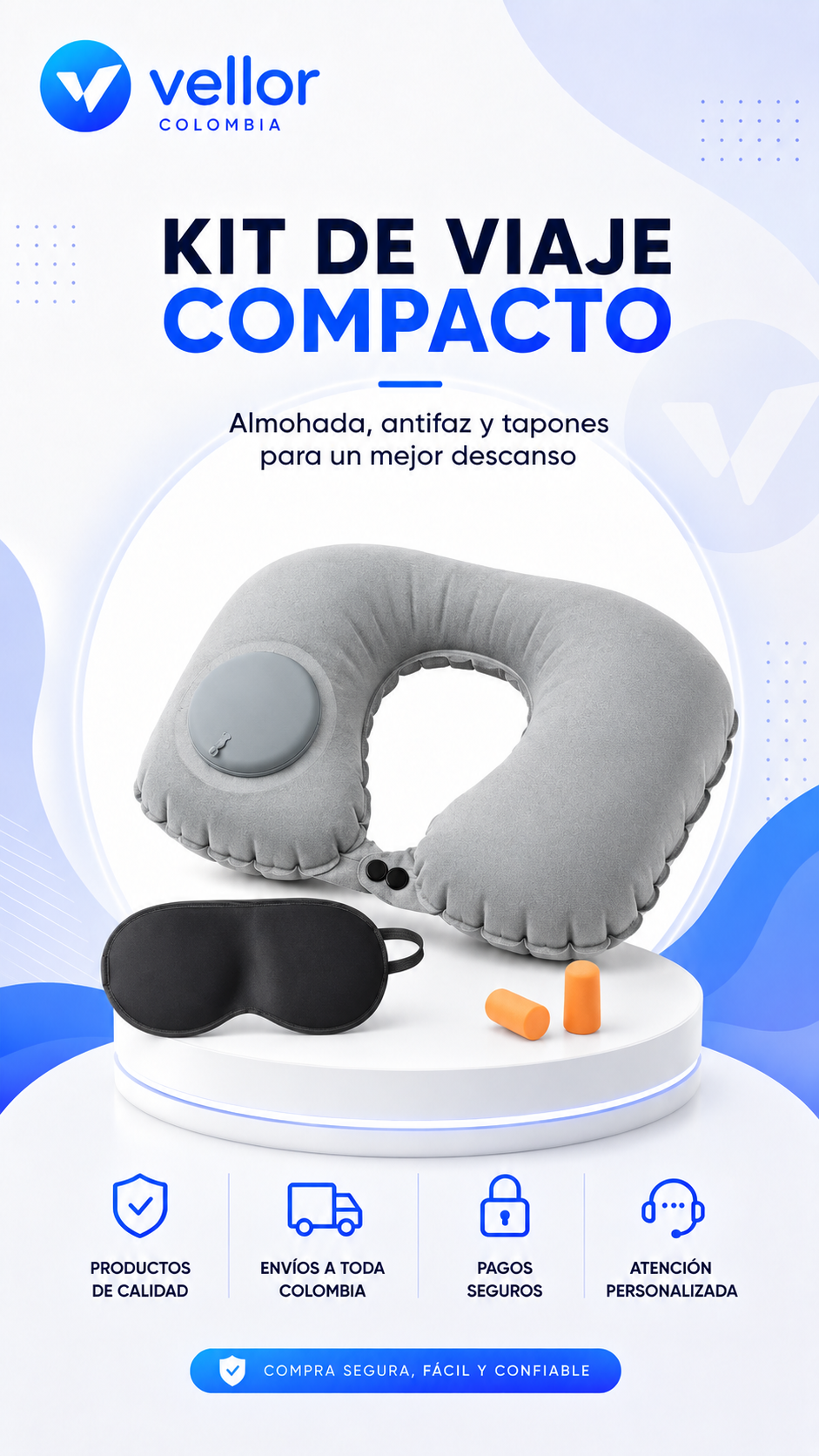 Kit De Almohada De Viaje Inflable + Antifaz + Tapones de oidos